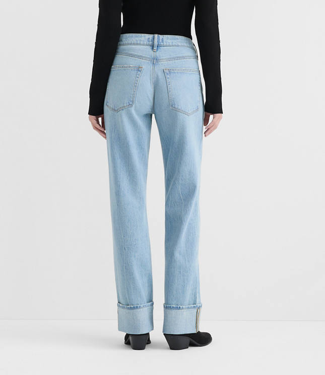 Rivete Petite Curvy Cuffed Mid Rise Relaxed Straight Jeans in Light Wash
