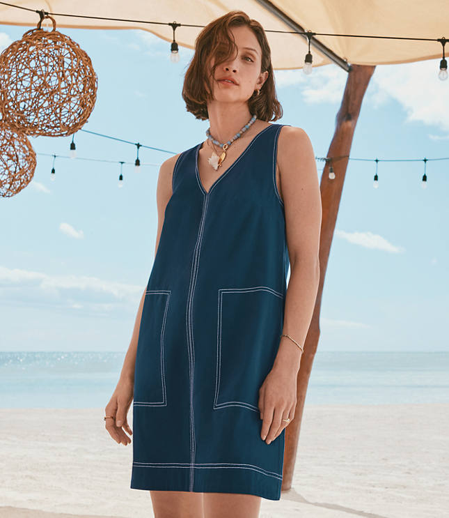 Topstitched Double V Mini Pocket Dress
