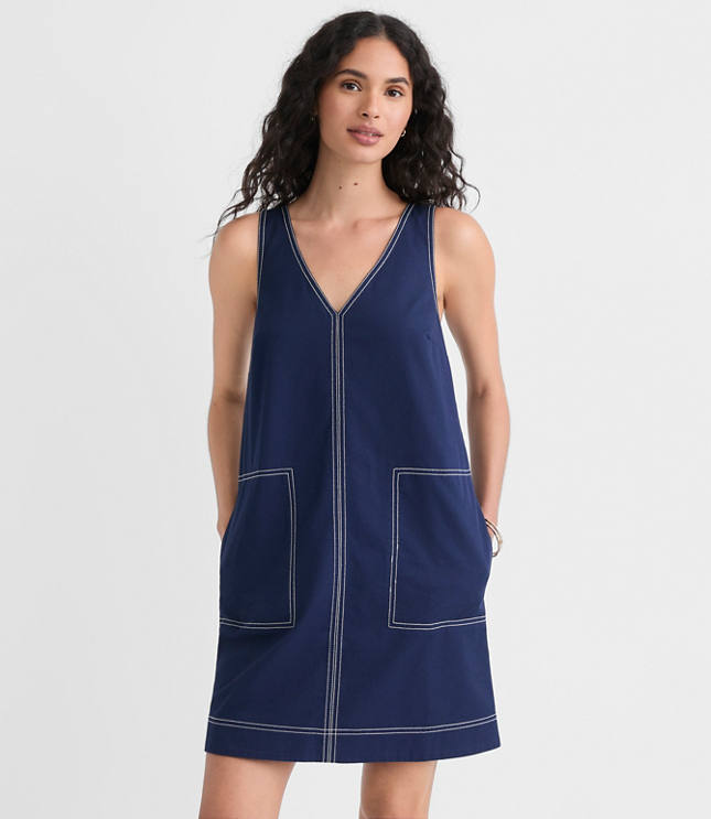 Topstitched Double V Mini Pocket Dress