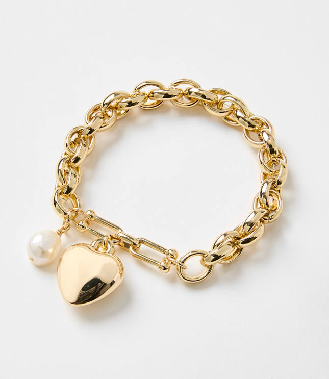 Pearlized Heart Charm Chain Link Stretch Bracelet
