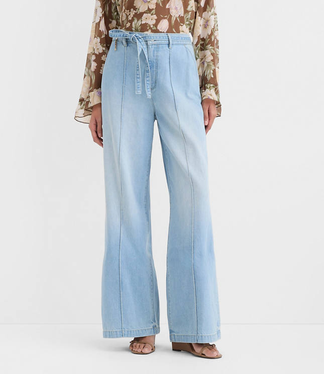 Curvy Tie Waist High Rise Palazzo Jeans in Light Wash
