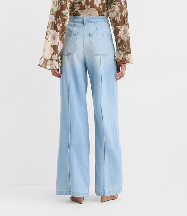 Curvy Tie Waist High Rise Palazzo Jeans in Light Wash