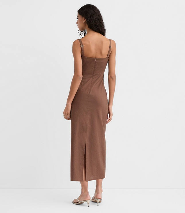 Linen Cotton Ruched Strappy Midi Dress
