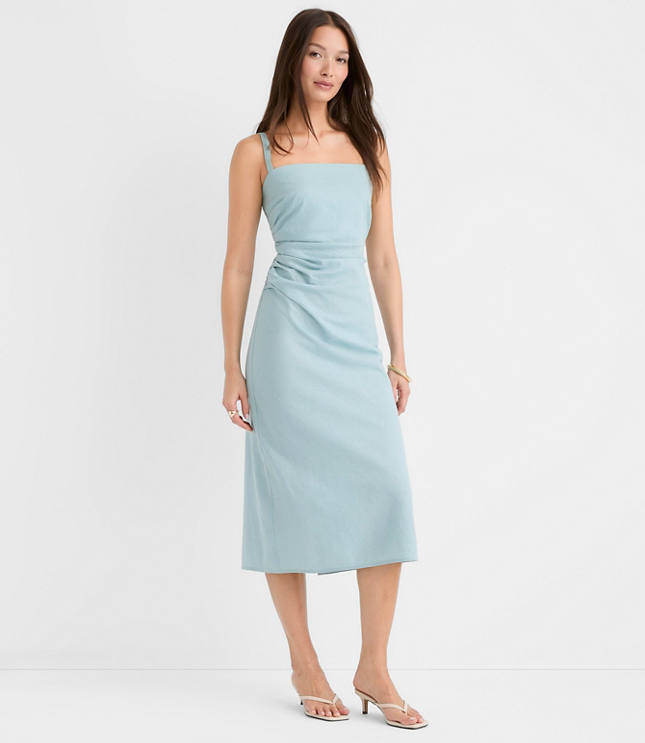 Linen Cotton Ruched Strappy Midi Dress