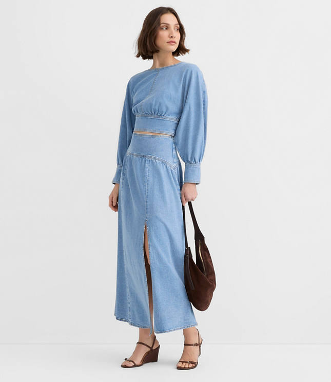 Petite Yoke Denim Blouse in Light Wash Indigo