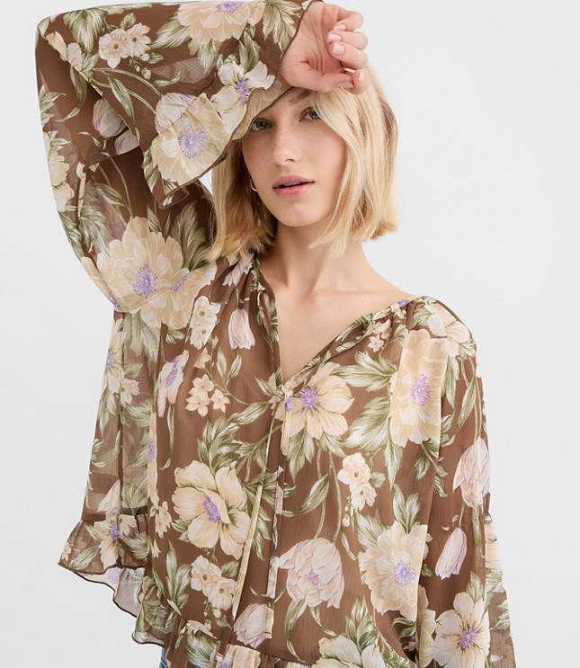 Floral Tie Neck Bell Sleeve Blouse