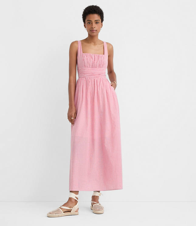 Petite Stripe Shirred Square Neck Midi Pocket Dress carousel Product Image 1