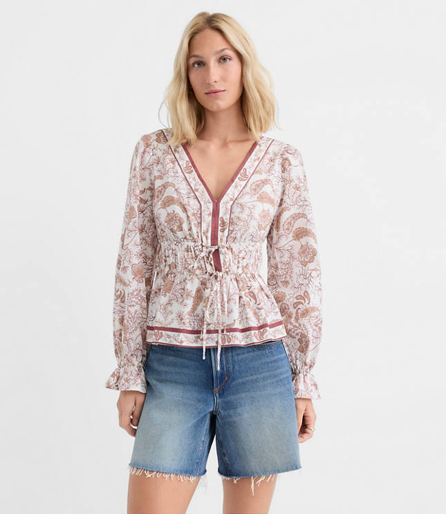 Petite Paisley Tie Waist V-Neck Blouse
