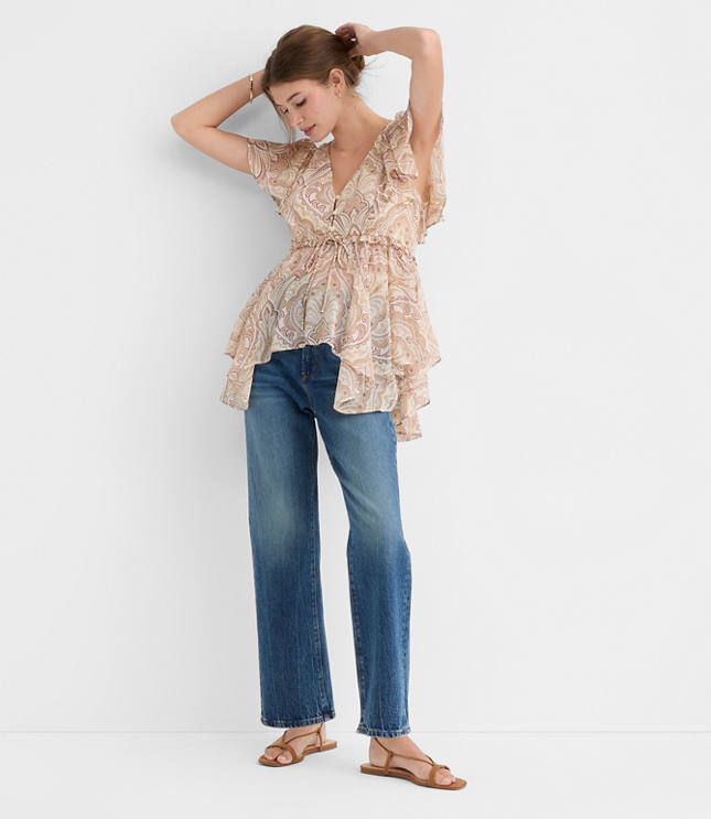 Petite Tiled Flutter Tie Waist Blouse