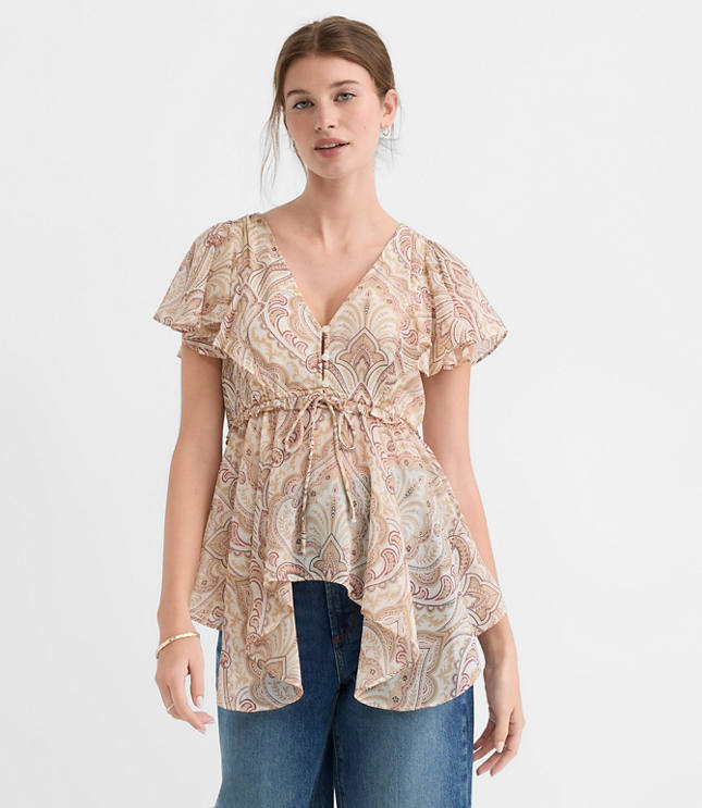 Petite Tiled Flutter Tie Waist Blouse