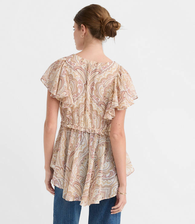 Petite Tiled Flutter Tie Waist Blouse