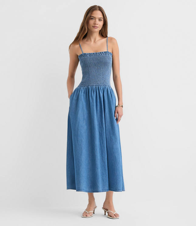 Petite Chambray Smocked Strappy Midi Pocket Dress carousel Product Image 3