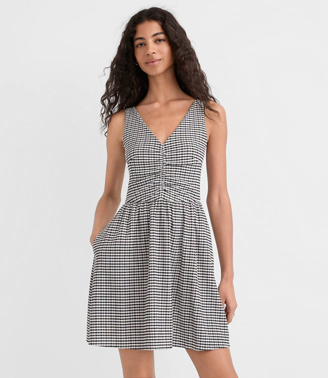 Petite Gingham Ruched Mini Pocket Dress