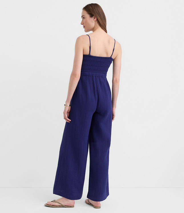Petite LOFT Beach Triple Cloth Smocked Jumpsuit