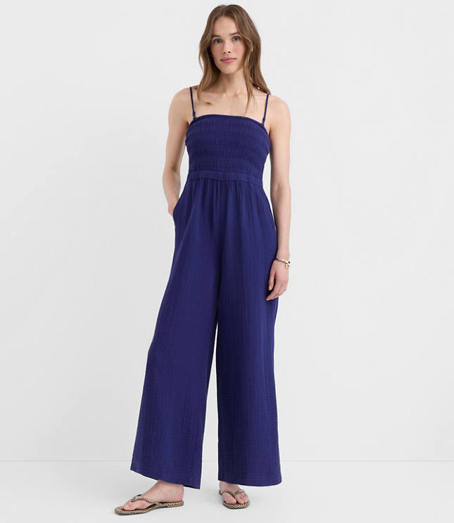 LOFT Beach Triple Cloth Smocked Jumpsuit