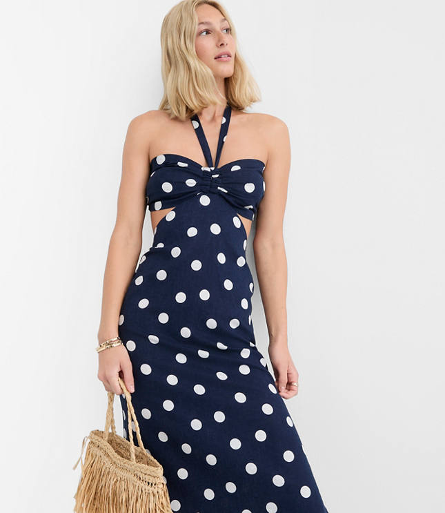 Petite LOFT Beach Polka Dot Linen Cotton Cutout Halter Maxi Dress carousel Product Image 1