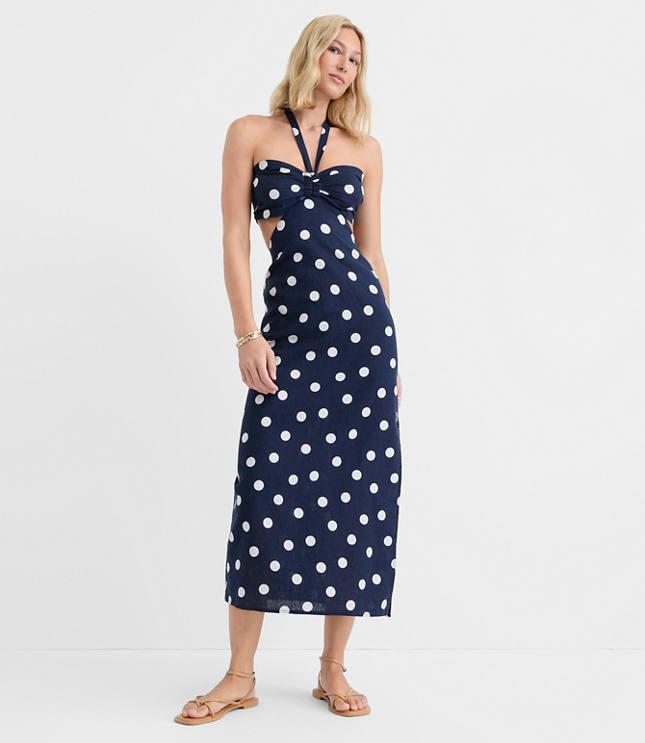 Petite LOFT Beach Polka Dot Linen Cotton Cutout Halter Maxi Dress carousel Product Image 2