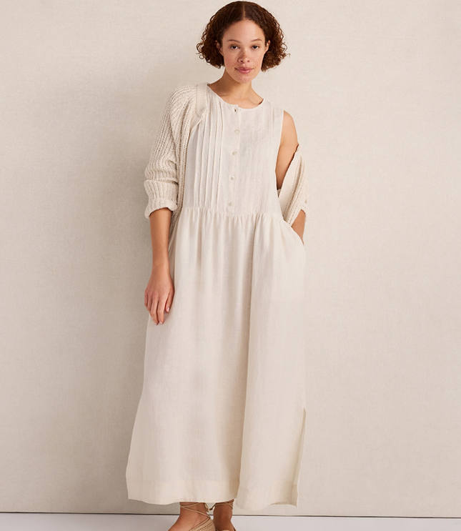 HWW LINEN SLVLS MIDI DRESS W/ PINTUCKS