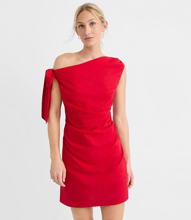 Petite LOFT Beach Linen Cotton Shoulder Tie Ruched Mini Dress carousel Product Image 2