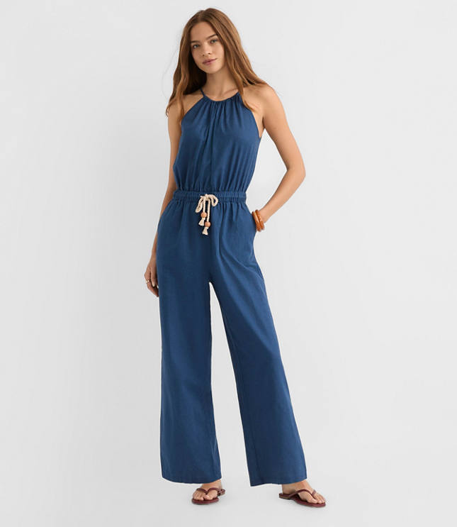 Petite LOFT Beach Rope Tie Linen Cotton Halter Jumpsuit carousel Product Image 1