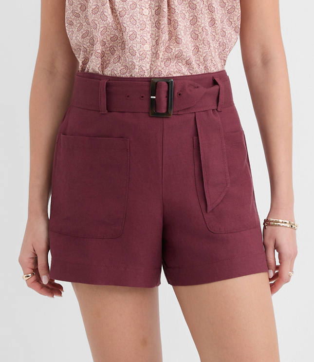 Belted Patch Pocket Shorts in Linen Blend
