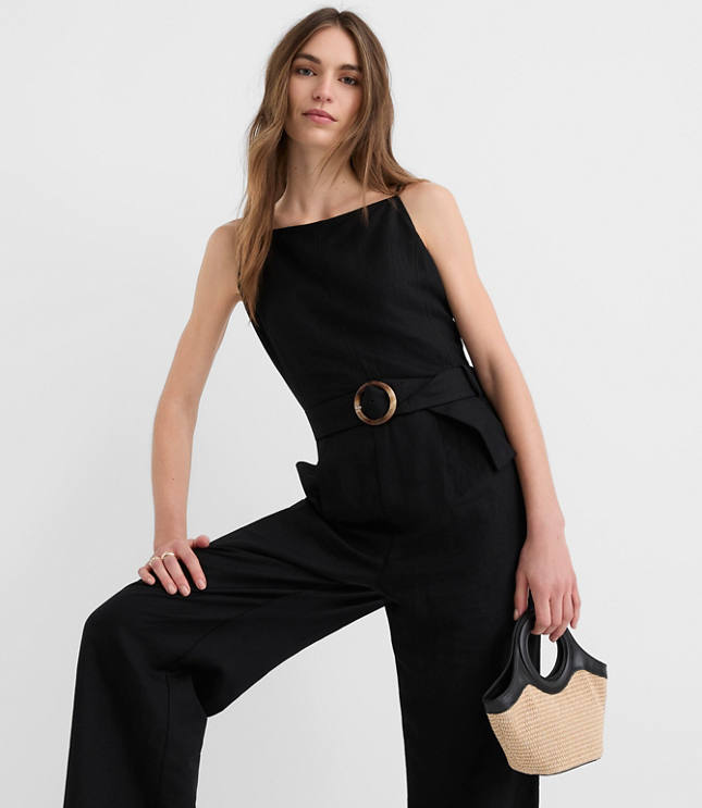 Petite Linen Blend Belted Jumpsuit