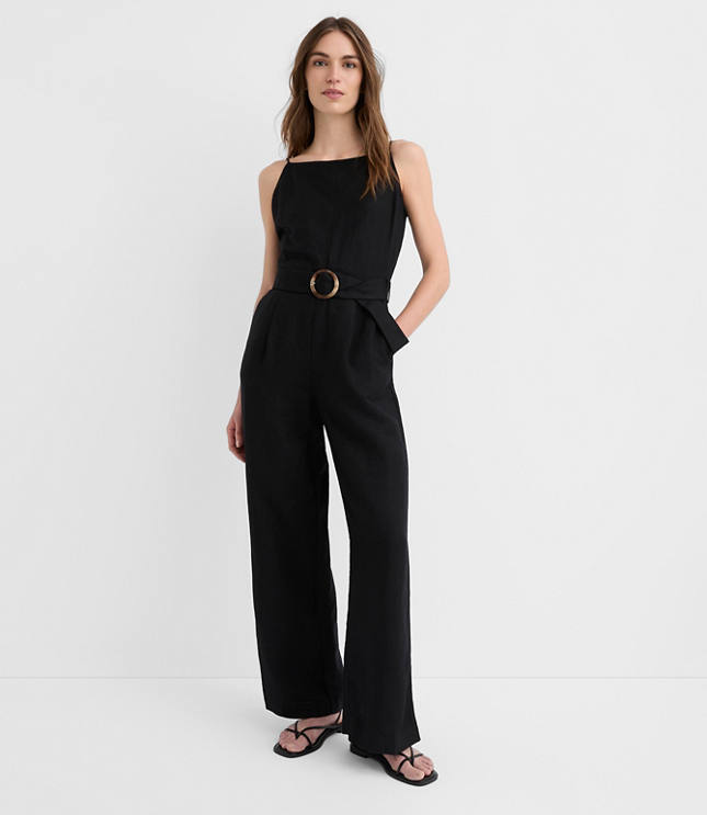 Petite Linen Blend Belted Jumpsuit