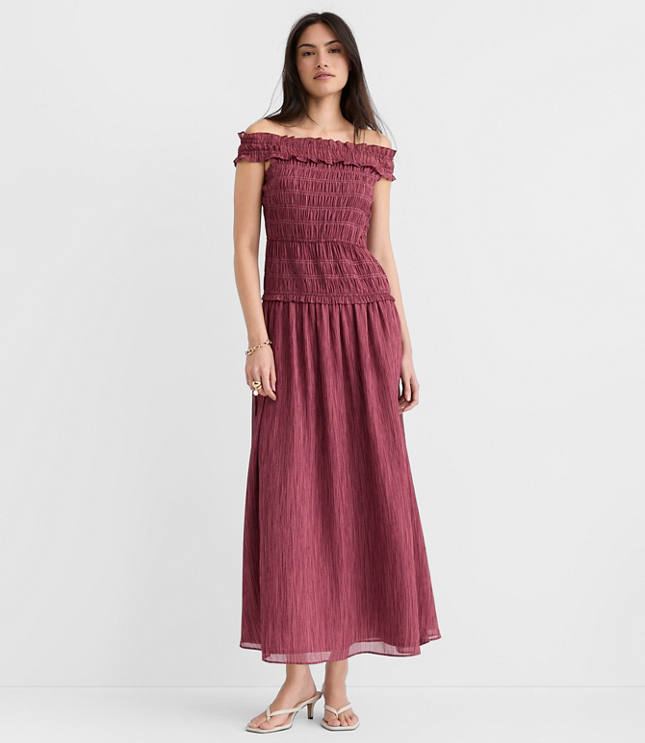 Petite Stripe Smocked Off The Shoulder Maxi Dress