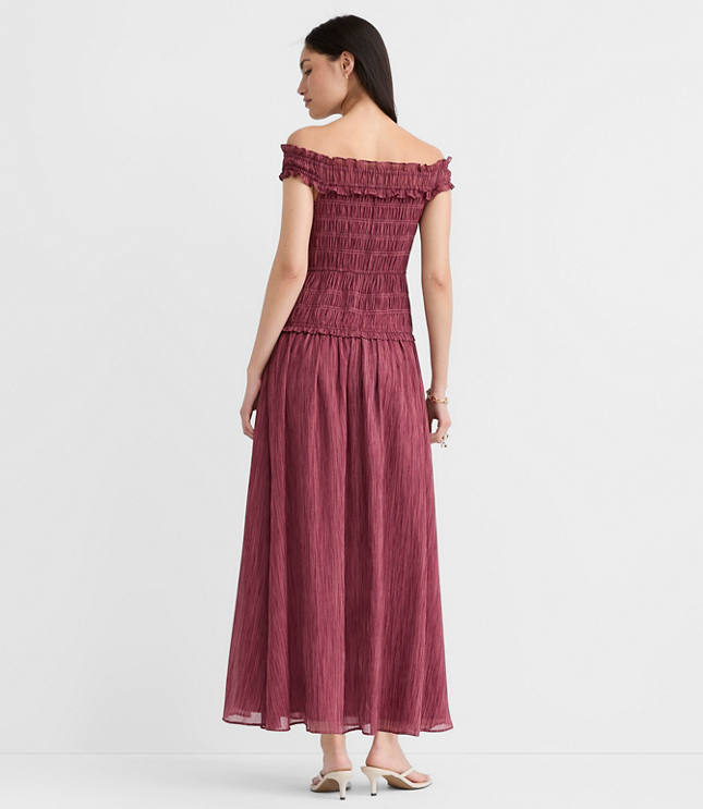 Petite Stripe Smocked Off The Shoulder Maxi Dress