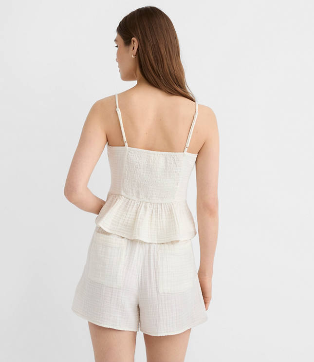 Petite LOFT Beach Strappy Ruched Triple Cloth Peplum Top