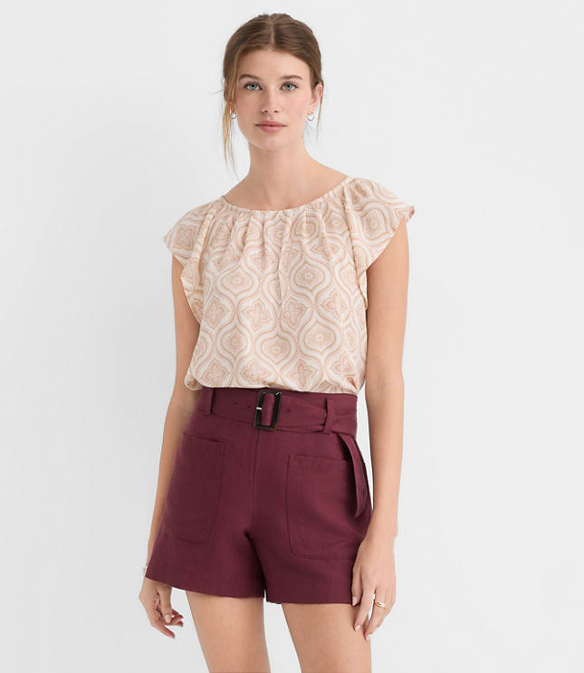 Petite Floral Flutter Sleeve Mixed Media Blouse
