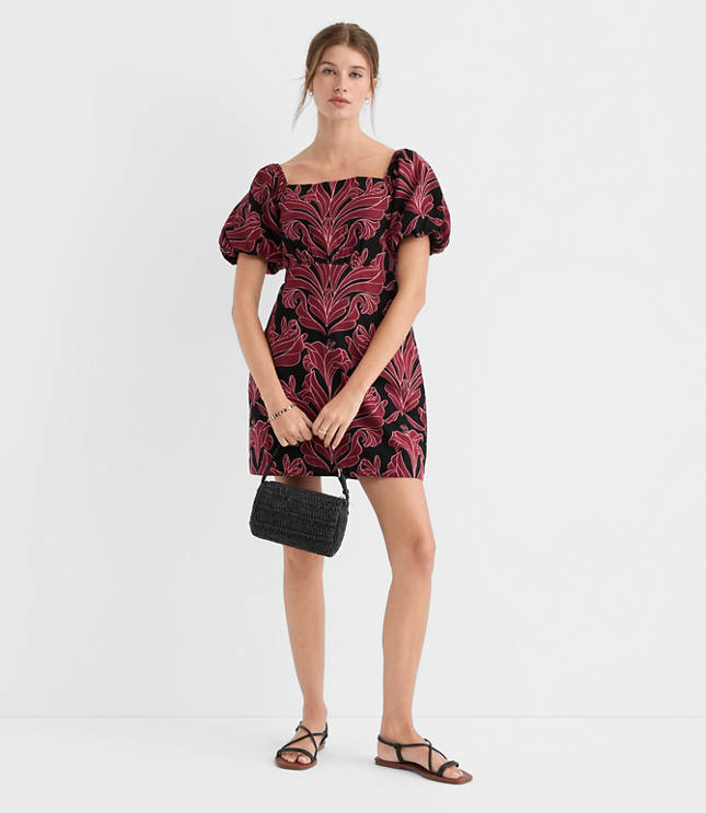Petite Floral Linen Cotton Puff Sleeve Mini Pocket Dress