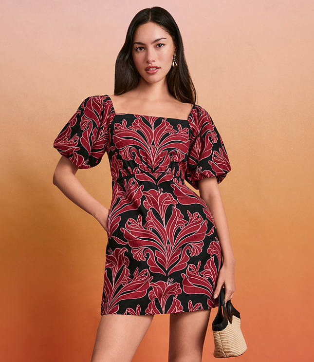 Petite Floral Linen Cotton Puff Sleeve Mini Pocket Dress carousel Product Image 4