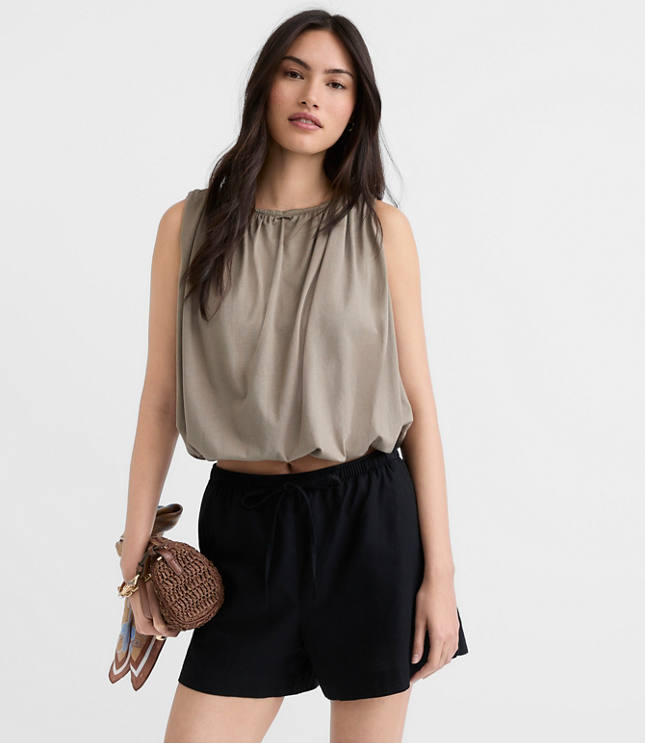 Petite Ruched Boatneck Bubble Hem Shell