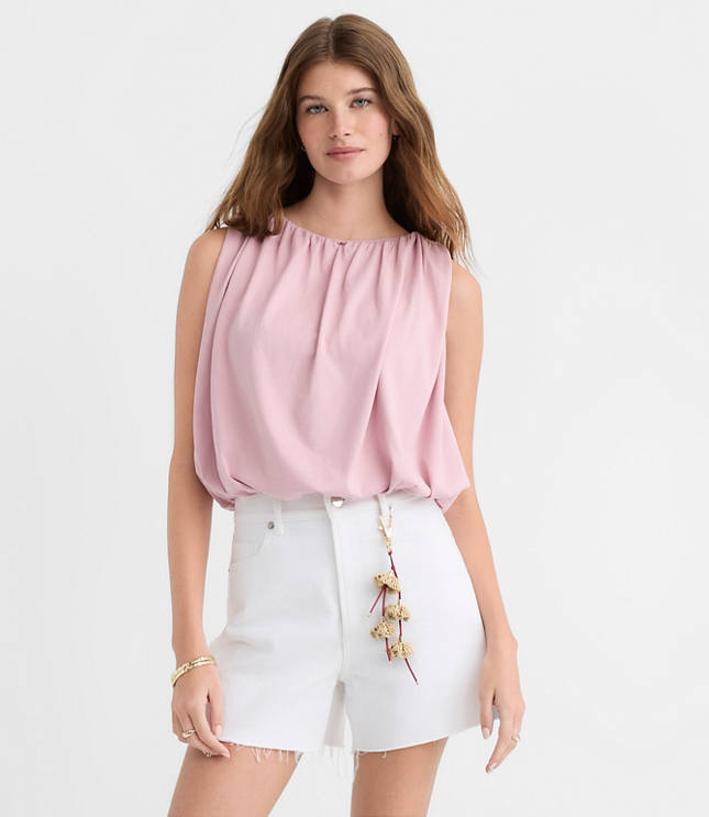 Petite Ruched Boatneck Bubble Hem Shell