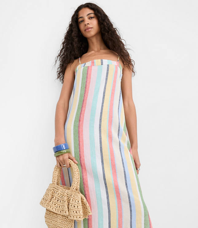Petite Rainbow Stripe Linen Cotton Strappy Maxi Dress carousel Product Image 1