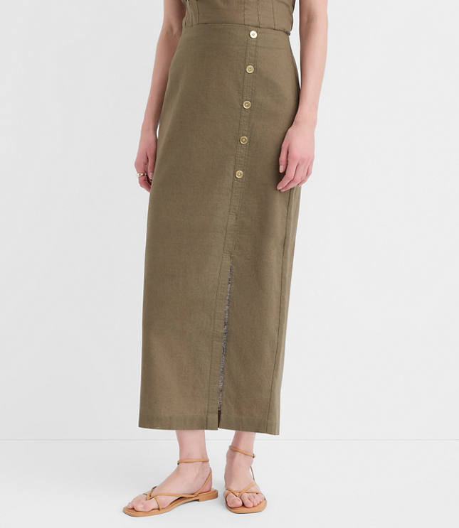 Petite Linen Cotton Button Trim Midi Skirt