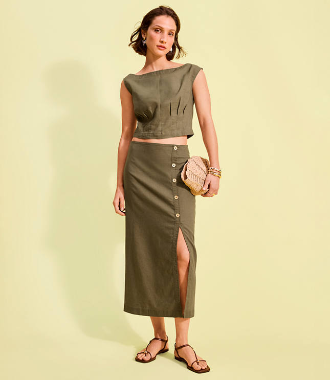 Petite Linen Cotton Button Trim Midi Skirt