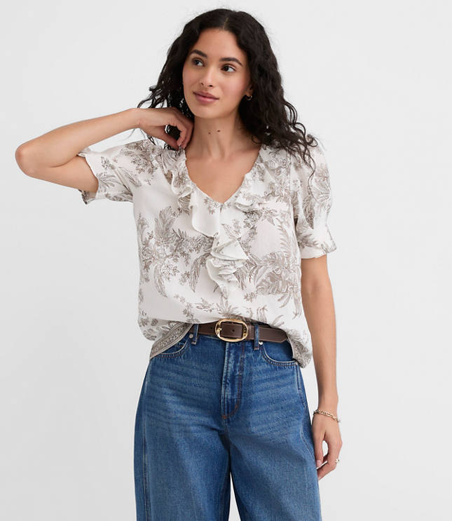 Petite Floral Toile Pintucked Ruffle Blouse