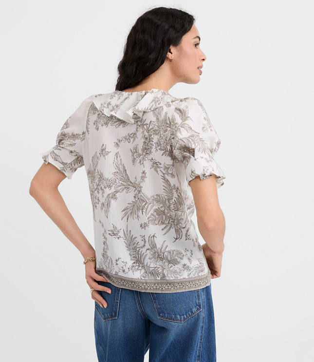 Petite Floral Toile Pintucked Ruffle Blouse