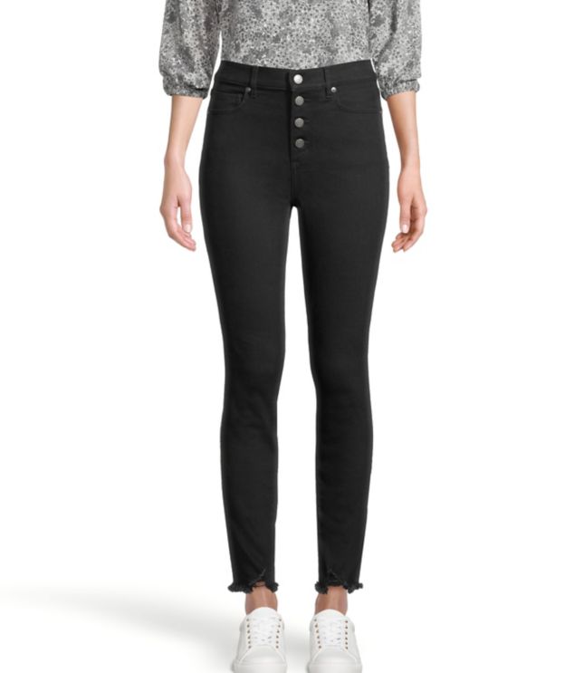 Image of Loft Curvy High Rise Button Front Skinny Ankle Jeans in Black
